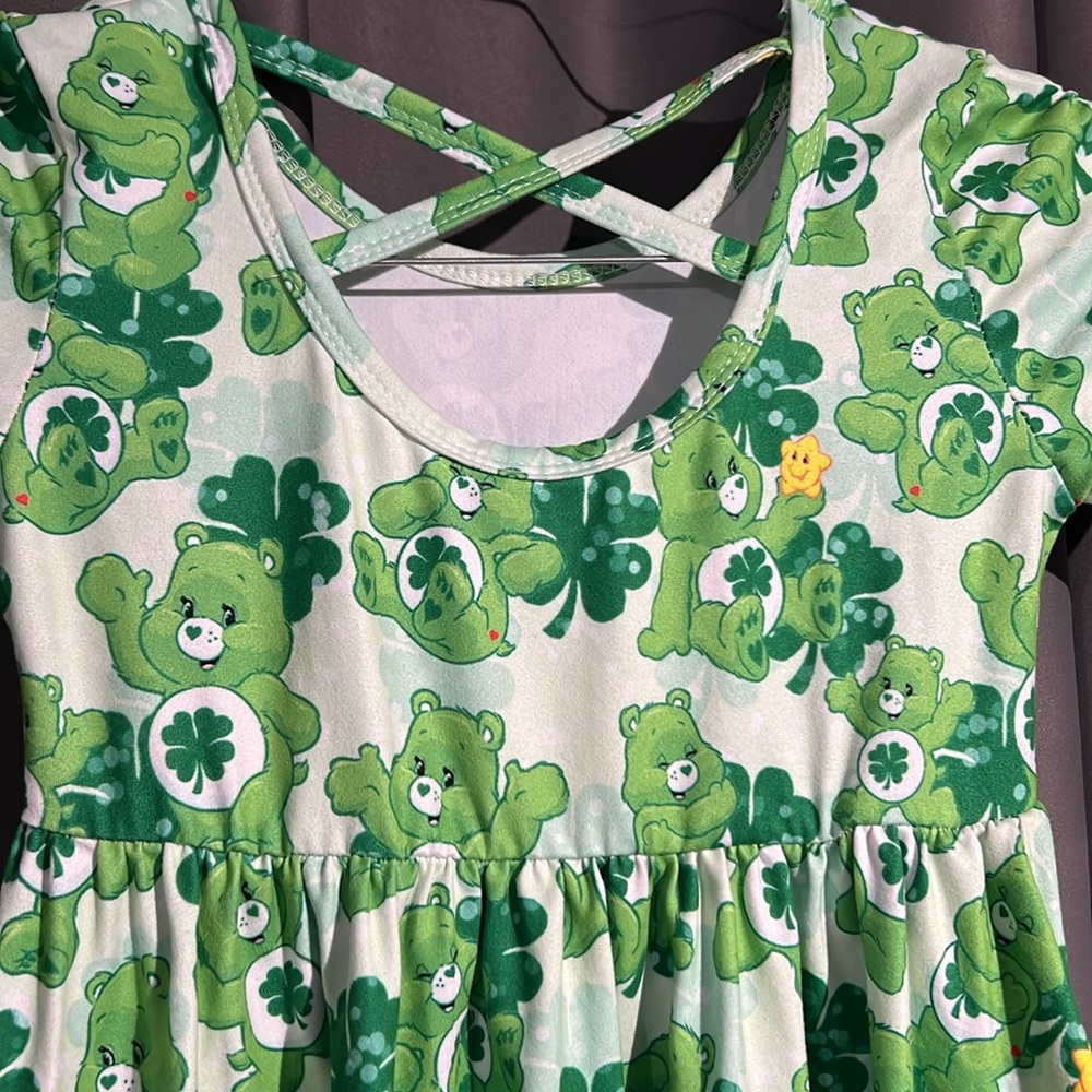 Girls Care Bear Lucky St Patrick’s Day 4 leaf clover cross back twirl dress - Picture 3 of 5